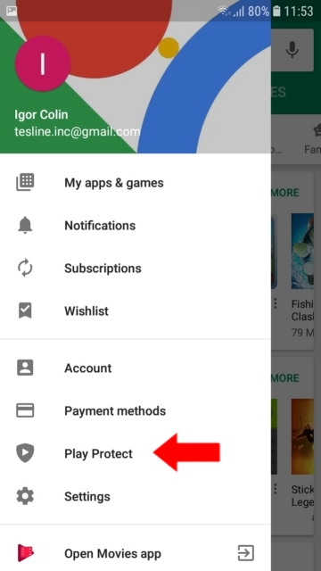 Disable security software check on Google Play Protect. Google Play Menu.
