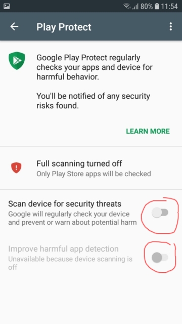 Disable security software check on Google Play Protect. Play Protect.